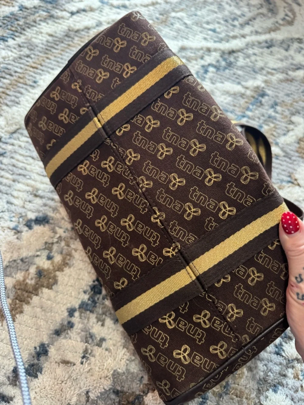 TNA Brown Barrel Tote with Striped Mustard Handles - Picture 7 of 9